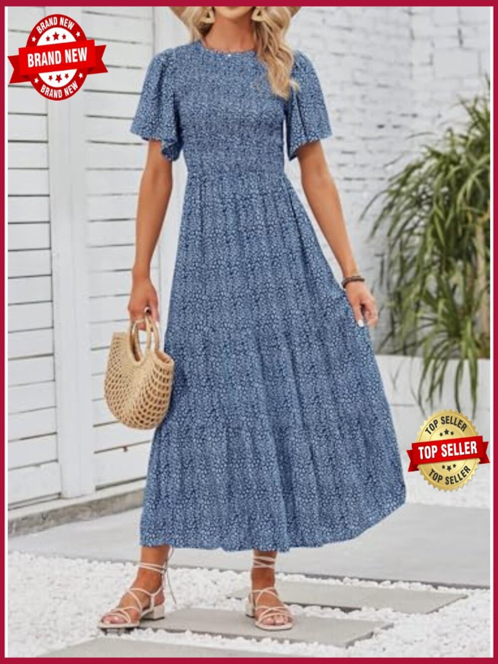 Boho Floral Maxi Dress Flutter Sleeve Smocked Tiered Flowy - Picture 6 of 7